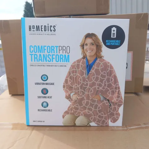 PALLET OF APPROXIMATELY 80 BOXED HOMEDICS COMFORT PRO TRANSFORM CORDLESS CONVERTIBLE THROW WITH HEAT AND VIBRATION