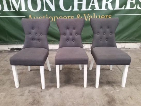 SET OF 3 BEWLEY SLATE FABRIC BUTTON BACK DINING CHAIRS (WHITE LEGS)