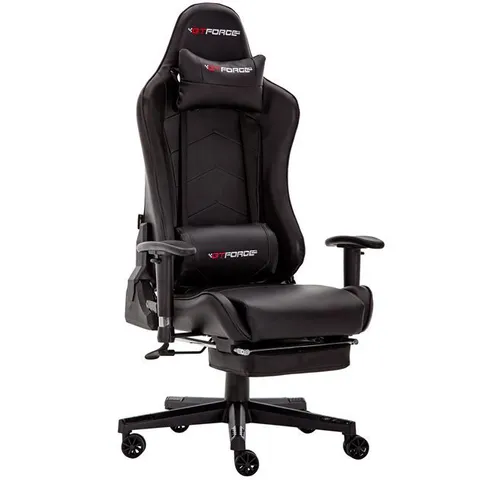 BOXED DESIGNER GT FORCE FORMULA PS LEATHER RACING SPORTS OFFICE CHAIR WITH FOOTSTOOL IN BLACK 