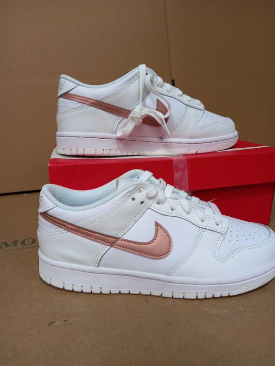 NIKE DUNK LOW (GS) ALL WHITE WITH METALLIC RED SWOOSH, UK SIZE 5