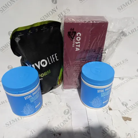 4 ASSORTED ITEMS TO INCLUDE: COSTA COFFEE SET, VITLA PROTIENS SETS, VIVOLIFE RAW PLANT PROTIEN