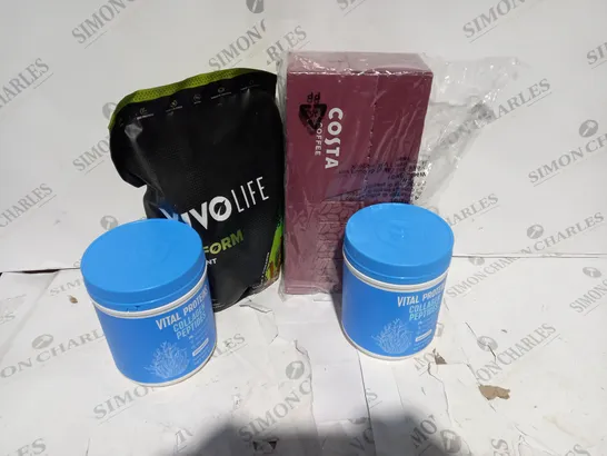 4 ASSORTED ITEMS TO INCLUDE: COSTA COFFEE SET, VITLA PROTIENS SETS, VIVOLIFE RAW PLANT PROTIEN