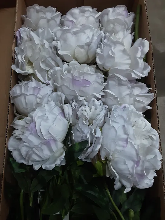 BOX OF 24 BRAND NEW SIGNATURE SILK FLOWERS 68CM PEONY SPRAY W/1 FLOWER, 1 BUD & 5 LEAVES - LIGHT PURPLE