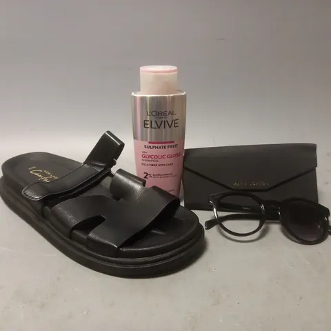 BOX OF APPROXIMATELY 5 ASSORTED ITEMS TO INCLUDE - L'OREAL ELVIVE SHAMPOO , KATIE LOXTON SUNGLASSES , NEW LOOK SANDAL SIZE 7 ETC