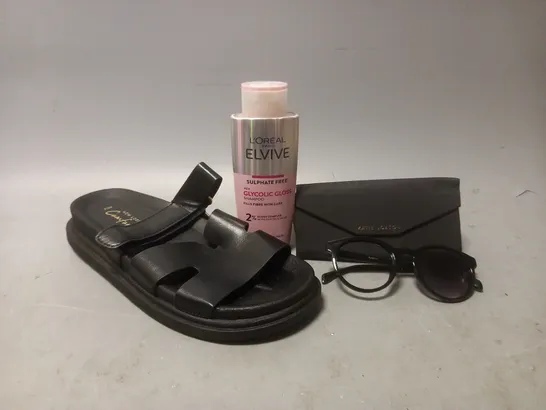 BOX OF APPROXIMATELY 5 ASSORTED ITEMS TO INCLUDE - L'OREAL ELVIVE SHAMPOO , KATIE LOXTON SUNGLASSES , NEW LOOK SANDAL SIZE 7 ETC