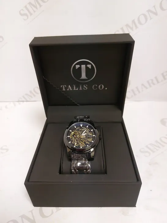 MEN’S TALIS CO 7820 AUTOMATIC WATCH – BLACK SKELETON DIAL AND CASE – STAINLESS STEEL STRAP – GLASS BACKCASE-