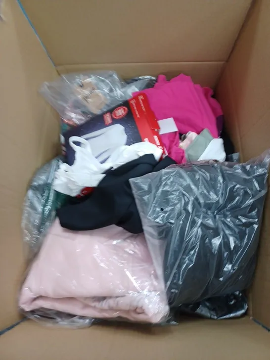 BOX OF ASSORTED CLOTHING ITEMS TOPS, LEGGINGS, BRAS ETC 