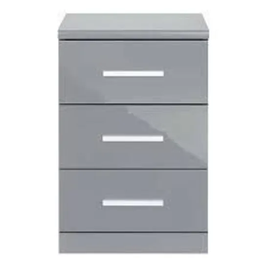 BOXED GRADE 1 PAIR OF PRAGUE GLOSS 3 DRAWER BEDSIDE CABINETS GREY (1 BOX) RRP £159