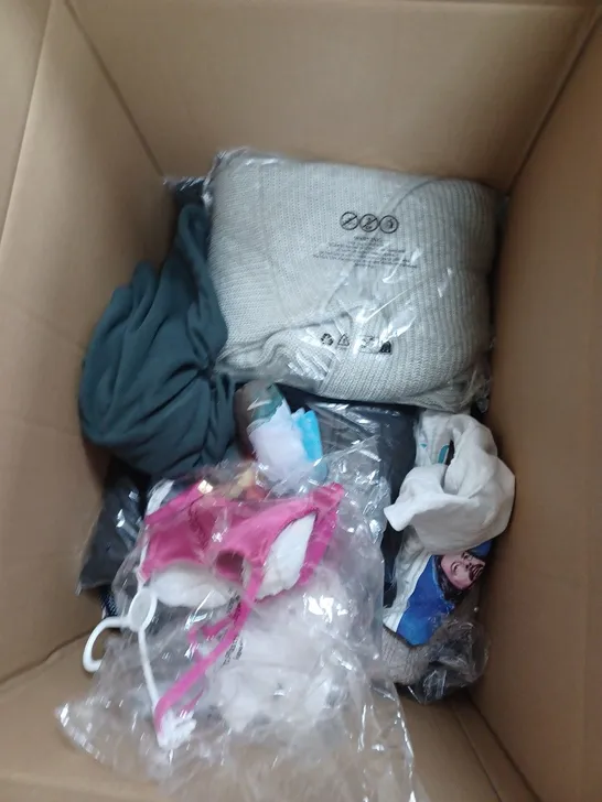 BOX OF APPROXIMATELY 15 ASSORTED CLOTHING ITEMS TO INCLUDE DOG HARNESS, SHEIN TOP, DISNEY PANTS ETC