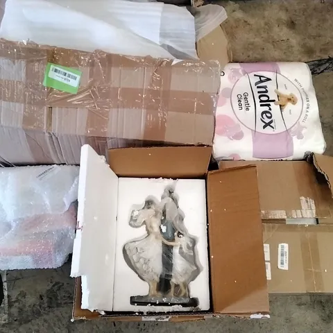 PALLET OF ASSORTED ITEMS INCLUDING FAMILY STATUE, ANDREX TOILET ROLLS, BONSAII PAPER SHREDDER, EASTER EGG, 25PC PAPER BAGS