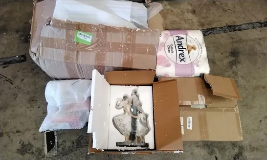 PALLET OF ASSORTED ITEMS INCLUDING FAMILY STATUE, ANDREX TOILET ROLLS, BONSAII PAPER SHREDDER, EASTER EGG, 25PC PAPER BAGS