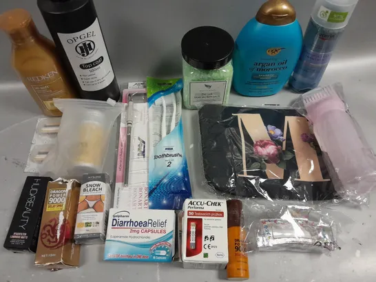 BOX OF APPROXIMATELY 15 COSMETIC ITEMS TO INCLUDE OGX SHAMPOO, OPGEL TOP COAT, REDKEN SHAMPOO , ETC