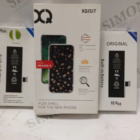 BOX OF APPROXIMATELY 15 ASSORTED HOUSEHOLD ITEMS TO INCLUDE ORIGINAL 6S PLUS BUILT IN BATTERY, XQISIT FLEX SHELL FOR IPHONE X, 6PLUS BUILT IN BATTERY, ETC