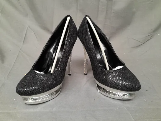 BOX OF APPROXIMATELY 10 BOXED PAIRS OF OCCASIONS BY CASANDRA PLATFORM HIGH HEEL SHOES IN BLACK W. GLITTER & JEWEL EFFECT - VARIOUS SIZES