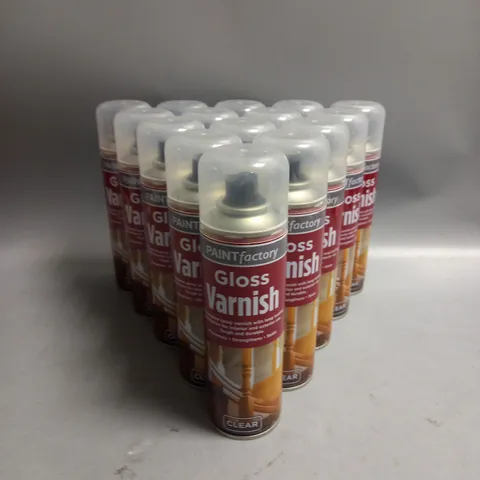 BOXED LOT OF 15 PAINT FACTORY GLOSS VARNISH SPRAY CLEAR 250ML