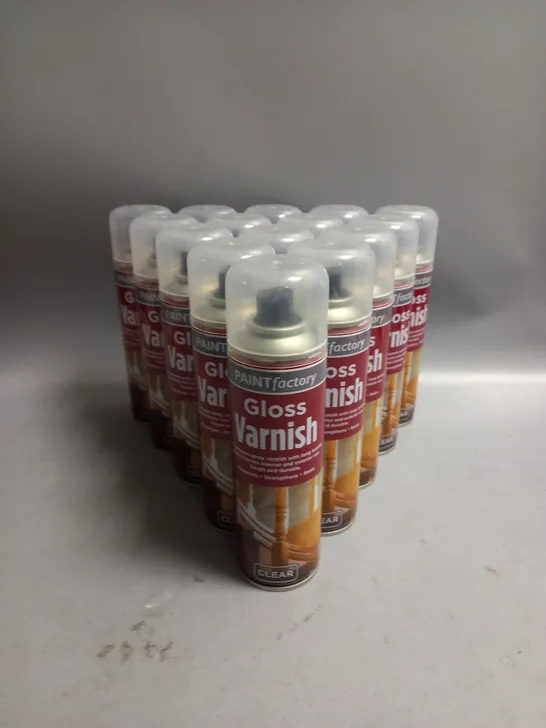 BOXED LOT OF 15 PAINT FACTORY GLOSS VARNISH SPRAY CLEAR 250ML