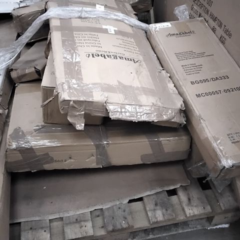 PALLET OF ASSORTED FLATPACK FURNITURE PARTS SUCH AS FIREPLACE TOOL SETS, DECORATIVE FENCE, GARDEN FOLDING KNEELER SEAT 