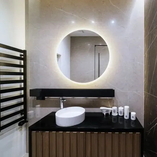 BOXED MODERN ROUND MIRROR WITH LED LIGHTING: WARM WHITE