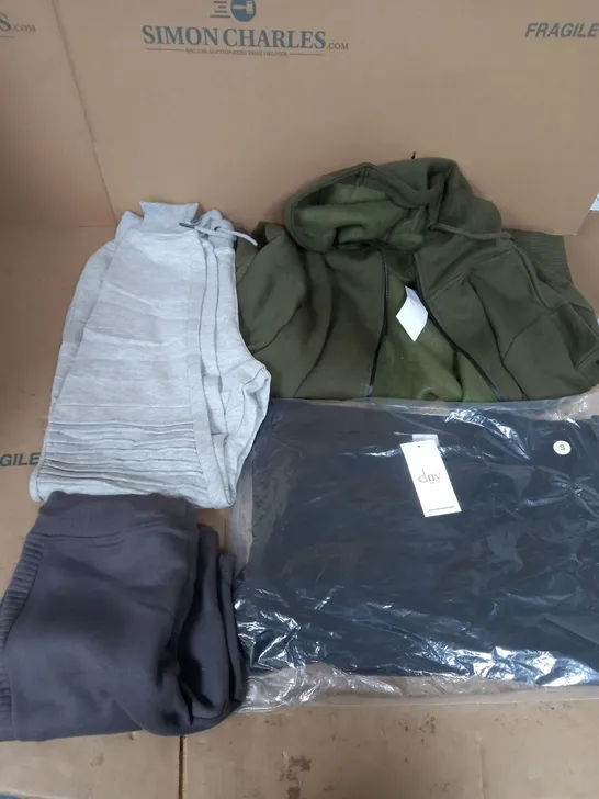 BOX OF APPROX 10 ASSORTED CLOTHING ITEMS TO INCLUDE - UNBRANDED JOGGERS , DNV JUMPER , MFW KHAKI HOODIE ETC