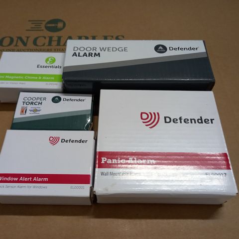 LOT OF 5 ASSORTED SECURITY ITEMS TO INCLUDE PANIC ALARM AND DOOR WEDGE ALARM