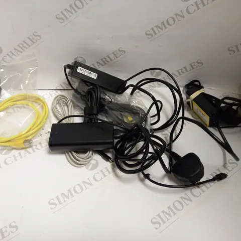 LARGE QUANTITY OF ELECTRICAL CABLES OF VARYING TYPES TO INCLUDE AC ADAPTERS, ETHERNET CABLES, HDMI CABLES, ETC