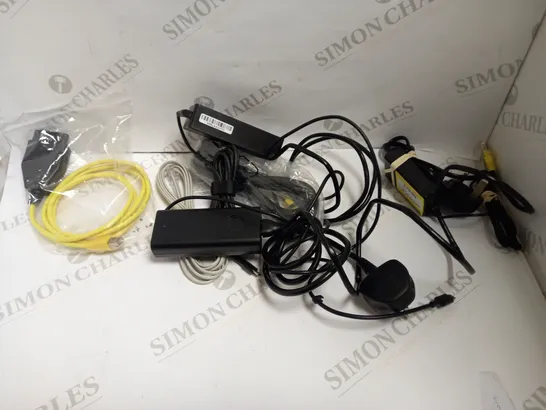 LARGE QUANTITY OF ELECTRICAL CABLES OF VARYING TYPES TO INCLUDE AC ADAPTERS, ETHERNET CABLES, HDMI CABLES, ETC