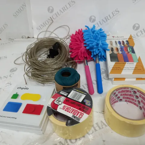  BOX OF ASSORTED HOUSEHOLD ITEMS TOO INCLUDE MULTI - TOOLS  , TAPE AND STORAGE ITEMS  