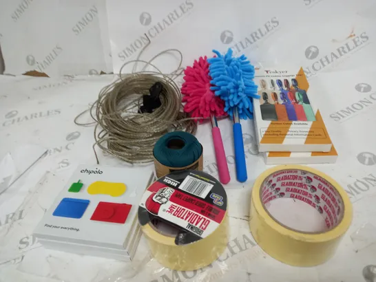  BOX OF ASSORTED HOUSEHOLD ITEMS TOO INCLUDE MULTI - TOOLS  , TAPE AND STORAGE ITEMS  