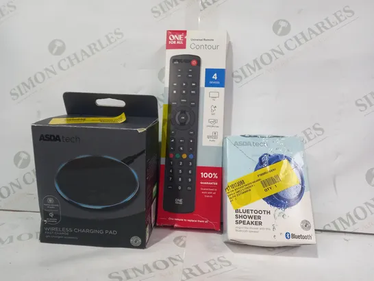 BOX OF APPROXIMATELY 15 ASSORTED ELECTRICAL ITEMS TO INCLUDE ASDA TECH BLUETOOTH SHOWER SPEAKER, ASDA TECH WIRELESS CHARGING PAD, ONE FOR ALL UNIVERSAL REMOTE, ETC