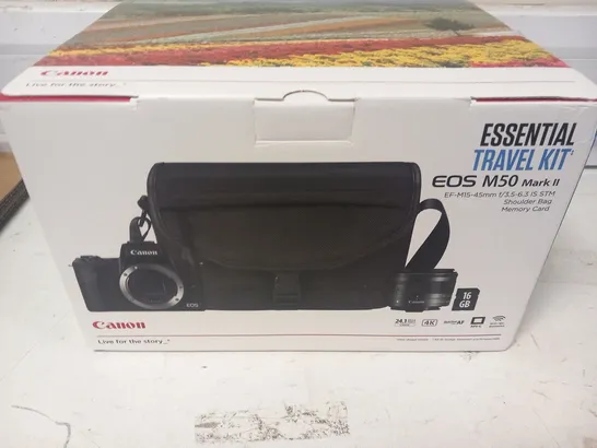 BOXED CANON ESSENTIAL TRAVEL KIT TO INCLUDE; EOS M50 MARK II, EF-M15-45MM AND SHOULDER BAG