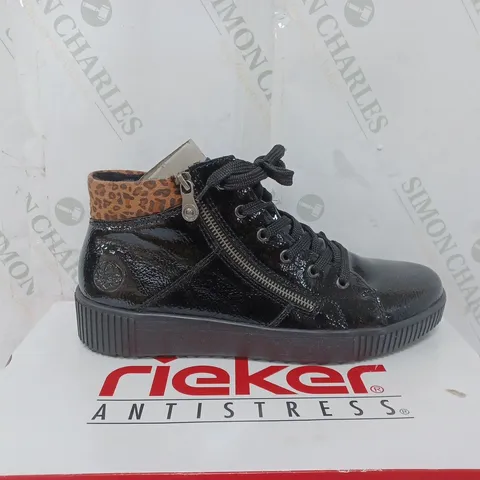 BOXED PAIR OF RIEKER BLACK HIGH TOP CUFFED TRAINERS - SIZE 8