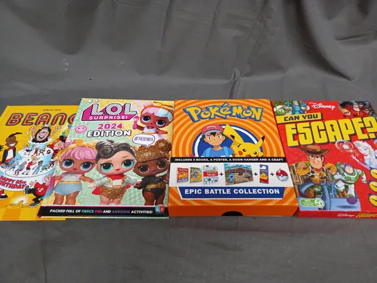 BOX OF APPROXIMATELY 10 ASSORTED BOOKS AND TOYS TO INCLUDE POKEMON, LOL AND BEANO