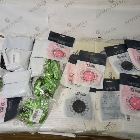 BOX OF APPROX 20 ASSORTED ITEMS TO INCLUDE FACE MASKS, CARD HOLDERS AND DECORATIVE FABRIC
