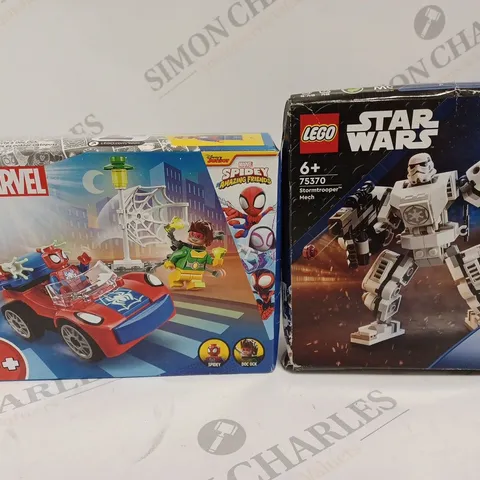 LOT OF 2 LEGO SETS INCLUDE SPIDER MAN CAR AND STORMTROOPER MECH