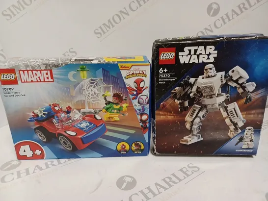 LOT OF 2 LEGO SETS INCLUDE SPIDER MAN CAR AND STORMTROOPER MECH