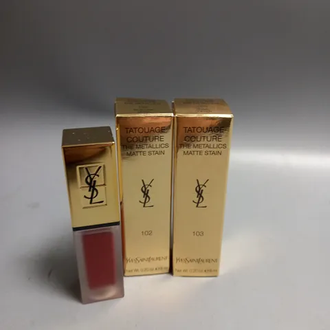 BOXED LOT OF 2 YVES SAINT LAURENT MATTE LIP STAIN. TRIBAL COPPER AND IRON PINK SPIRIT 6ML