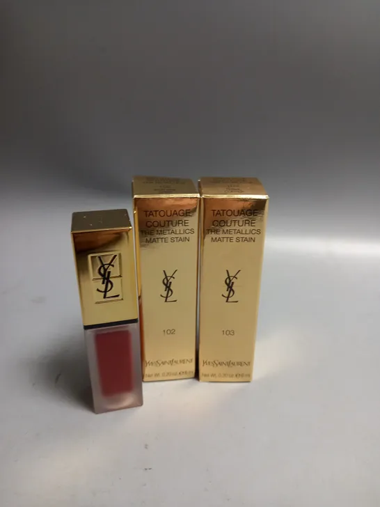 BOXED LOT OF 2 YVES SAINT LAURENT MATTE LIP STAIN. TRIBAL COPPER AND IRON PINK SPIRIT 6ML