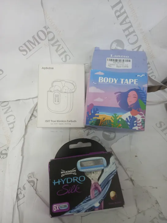 LOT OF THREE TO INCLUDE BODY TAPE , TRUE WIRELESS EARBUDS AND HYDRO SILK RAZOR