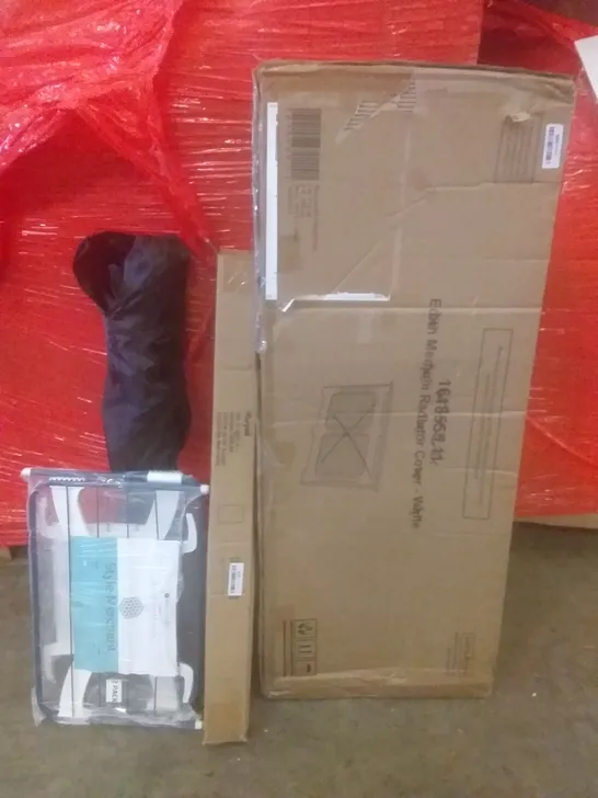PALLET OF ASSORTED ITEMS INCLUDING MEDIUM RADIATOR COVER, CHAIR MAT, CLOTHES DRYER, CAMPING CHAIR