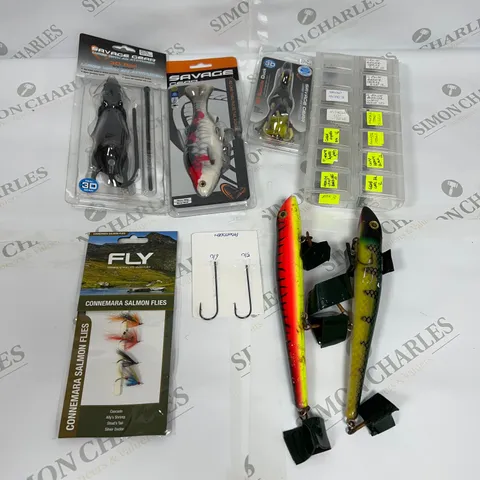 LOT OF ASSORTED FISHING ITEMS TO INCLUDE SAVAGE GEAR BAITS