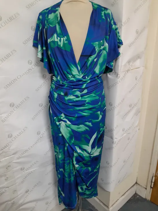 JENERIQUE PLUNGE ANGEL SLEEVE RUCHED DRESS IN BLUE GREEN SIZE 12