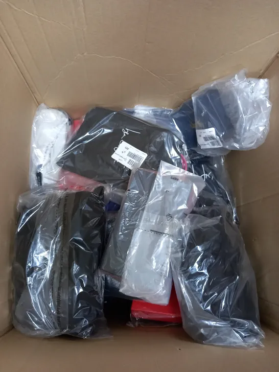 LARGE BOX OF APPROX 20 ASSORTED CLOTHING ITEMS TOO INCLUDE BAGS AND PURSES 