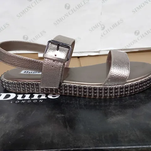 BOXED PAIR OF DUNE LONDON STUDDED PEWTER SANDALS - SIZE 7