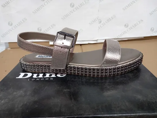 BOXED PAIR OF DUNE LONDON STUDDED PEWTER SANDALS - SIZE 7