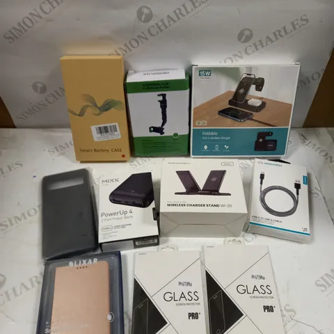 BOX OF 10 ASSORTED PHONE AND TABLET ACCESSORIES TO INCLUDE WIRELESS CHARGER, CHARGING CABLE, SMART BATTERY CASE ETC 