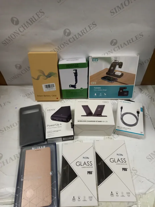 BOX OF 10 ASSORTED PHONE AND TABLET ACCESSORIES TO INCLUDE WIRELESS CHARGER, CHARGING CABLE, SMART BATTERY CASE ETC 