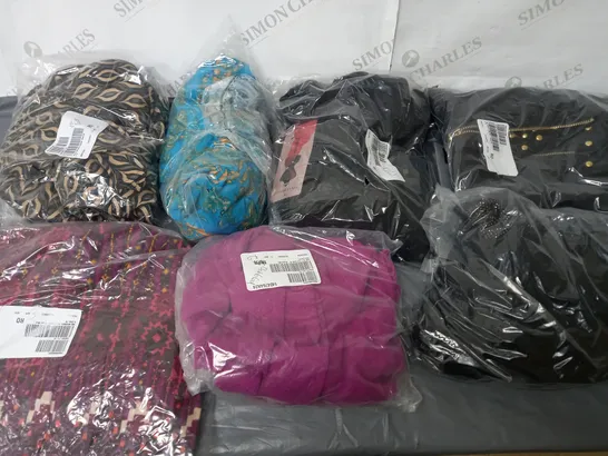 BOX OF ASSORTED CLOTHING ITEMS TOO INCLUDE TOPS , JUMPERS, AND PANTS ETC. 