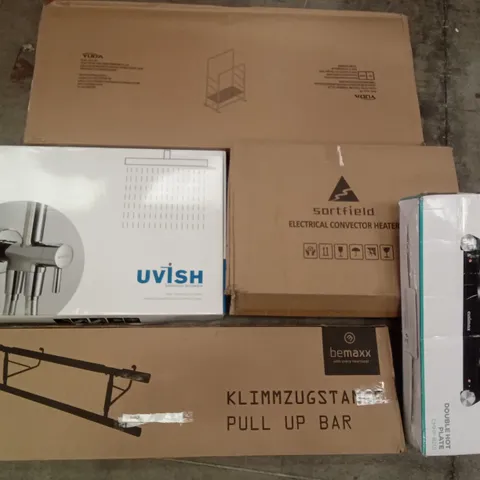 PALLET OF ASSORTED ITEMS INCLUDING PULL UP BAR, CUSIMAX DOUBLE HOT PLATE, SORTFIELD ELECTRICAL CONVECTOR HEATER, UVISH RAIN SHOWER SYSTEM, YUDA CLOTHES RACK