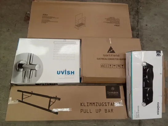 PALLET OF ASSORTED ITEMS INCLUDING PULL UP BAR, CUSIMAX DOUBLE HOT PLATE, SORTFIELD ELECTRICAL CONVECTOR HEATER, UVISH RAIN SHOWER SYSTEM, YUDA CLOTHES RACK