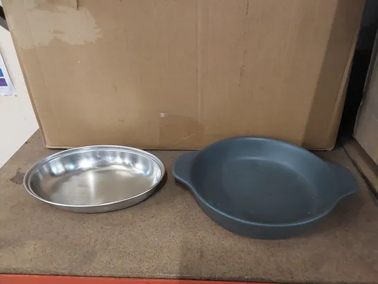 BOX3D 4X ROUND EARED 19CM DISHES, 8X GENWARE STAINLESS STEEL 20CM OVAL VEGETABLE DISHES (2 BOXES TAPED TOGETHER)